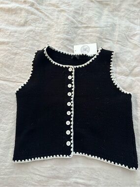 Deb Black Crochet Vest with White Scallop Trim